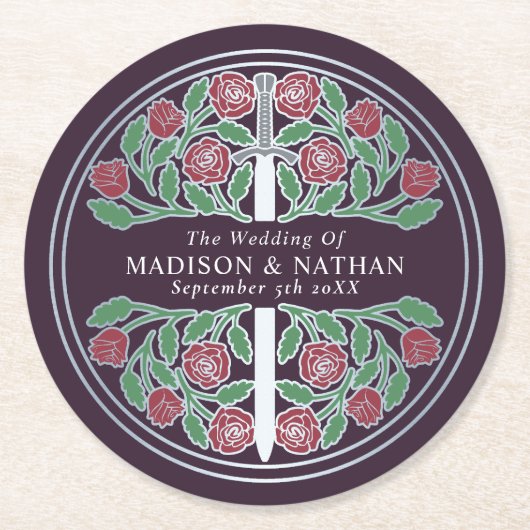 Eggplant Royal Medieval Silver Sword Wedding ラウンドペーパーコースター (正面)