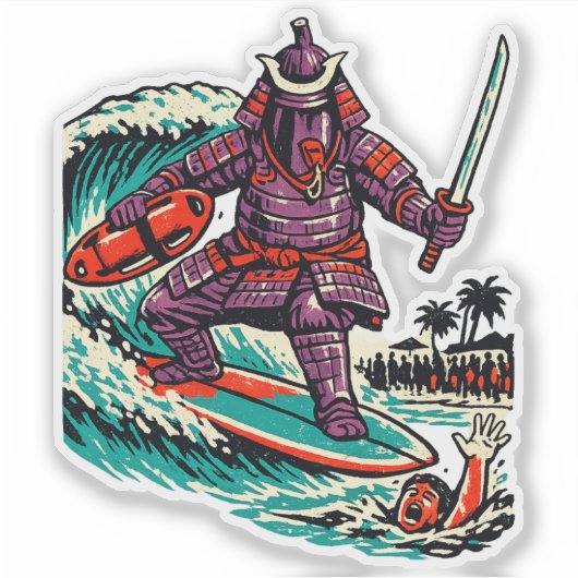 Eggplant Samurai Surf Rescue — Vintage Summer Hero シール (正面)