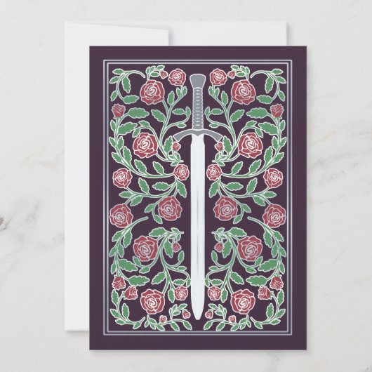 Eggplant Silver Sword Medieval Fantasy Wedding 招待状 (裏面)