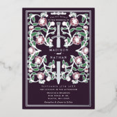 Eggplant Silver Sword Medieval Fantasy Wedding  箔招待状 (正面)