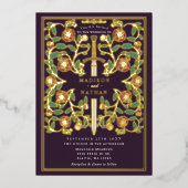 Eggplant Sword Floral Medieval Fantasy Wedding  箔招待状 (正面)