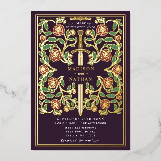 Eggplant Sword Floral Medieval Fantasy Wedding  箔招待状 (正面)
