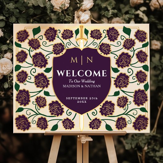 Eggplant Sword Shield Fantasy Wedding Welcome Sign ポスター