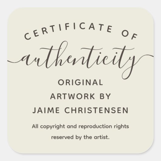 Eggshell Chic Script Certificate of Authenticity スクエアシール (正面)