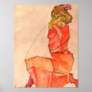 Egon Schiele – オレンジ色の赤いドレスを着た女性の膝立て ポスター