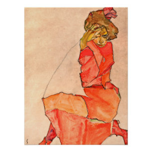 Egon Schiele – オレンジ色の赤いドレスを着た女性の膝立て ポスター