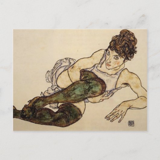 Egon Schiele – 緑のストッキングを持つリクライニング女性 ポストカード (正面)