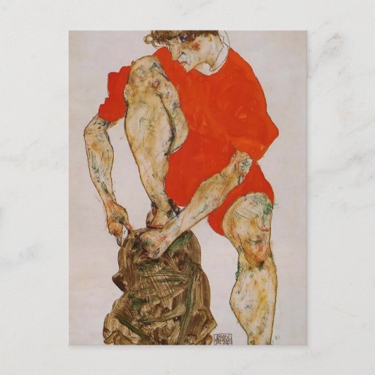 Egon Schiele-Female in Red Jacket & Pants ポストカード (正面)