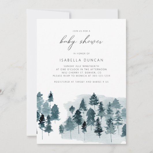 EGRET青素朴冬松の木の赤ちゃんシャワー 招待状 (正面)