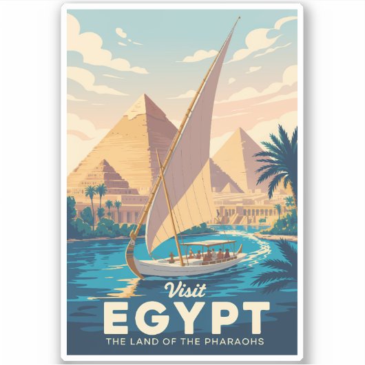 Egypt Pyramid Illustration Travel Art Vintage シール (正面)