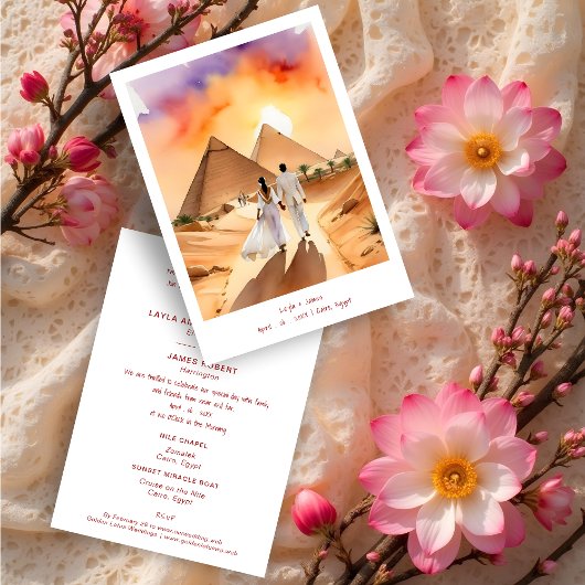 Egypt Pyramids Desert Wedding Couple Illustration 招待状