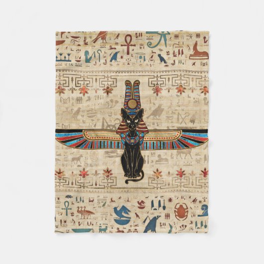 Egyptian Cat - Bastet on papyrus フリースブランケット (正面)