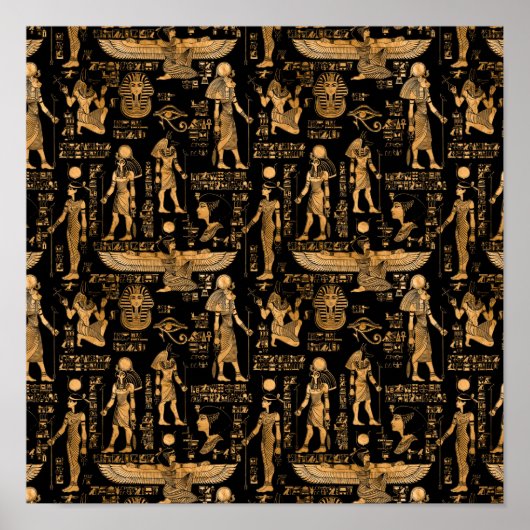 Egyptian hieroglyphs and Gods gold and black ポスター (正面)