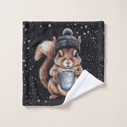 Eichhörnchen mit Tasse und Schnee „Stay Warm“ ウォッシュタオル (ウォッシュタオル)