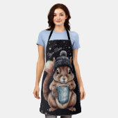 Eichhörnchen mit Tasse und Schnee „Stay Warm“ エプロン (着用した状態)