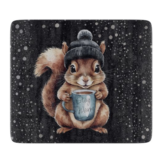Eichhörnchen mit Tasse und Schnee „Stay Warm“ カッティングボード (正面)