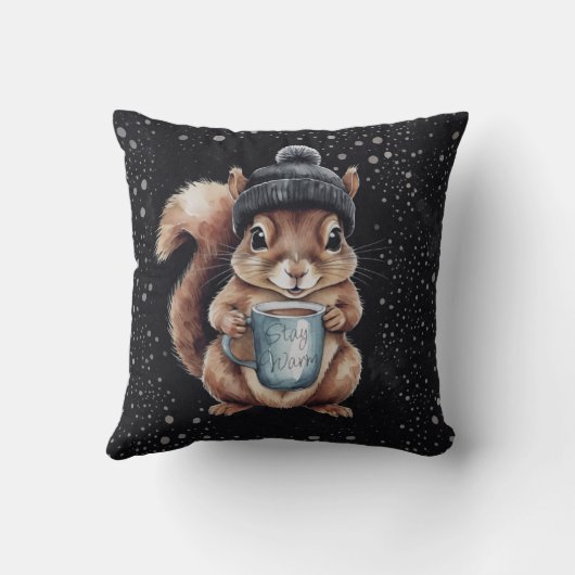 Eichhörnchen mit Tasse und Schnee „Stay Warm“ クッション (裏面)