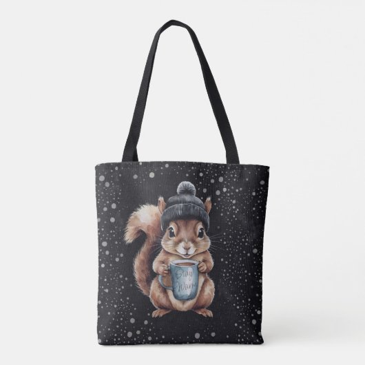 Eichhörnchen mit Tasse und Schnee „Stay Warm“ トートバッグ (裏面)