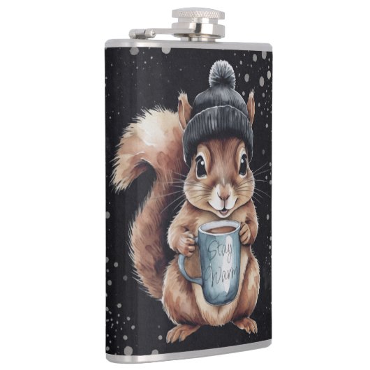 Eichhörnchen mit Tasse und Schnee „Stay Warm“ フラスク (右)