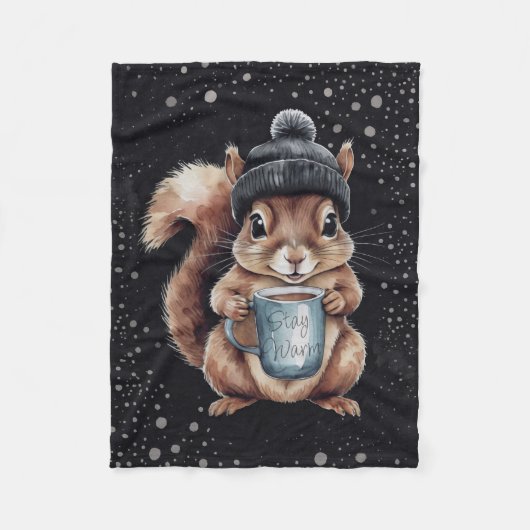 Eichhörnchen mit Tasse und Schnee „Stay Warm“ フリースブランケット (正面)