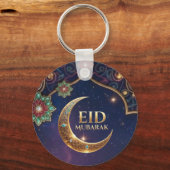 Eid Mubarak イスラム祝祭 ゴールドとネイビー キーホルダー (正面)