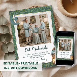 Eid Mubarak ファミリーフォトカード グリーン ティール パターン シーズンカード