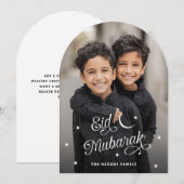 Eid Mubarak 月と星 白いオーバーレイ 写真入り シーズンカード (正面/裏面)