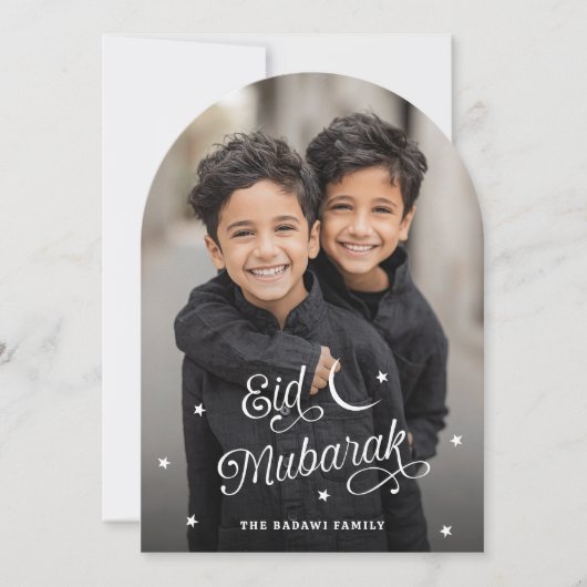 Eid Mubarak 月と星 白いオーバーレイ 写真入り シーズンカード (正面)