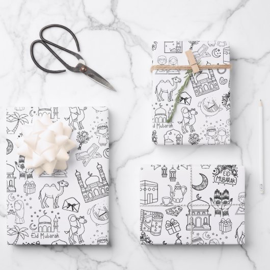 Eid Mubarak Colouring Wrapping Paper Sheets Set x3 ラッピングペーパーシート (正面)