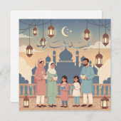 Eid Mubarak Family Celebration Pastel Mosque Card シーズンカード (正面/裏面)