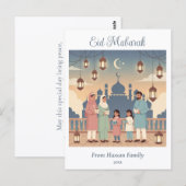 Eid Mubarak Family Celebration Pastel Mosque Card ポストカード (正面/裏面)