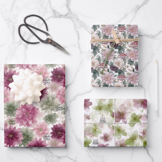 Eid Mubarak Gift Wrap Set – 3 Floral Designs  ラッピングペーパーシート (正面)