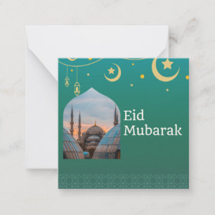 Eid Mubarak Green and Blue、カスタマイズ可能な文字 ノートカード