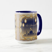 Eid Mubarak Mosque Skyline Blue & Gold Mug マグカップ (正面右)