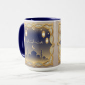 Eid Mubarak Mosque Skyline Blue & Gold Mug マグカップ (正面左)