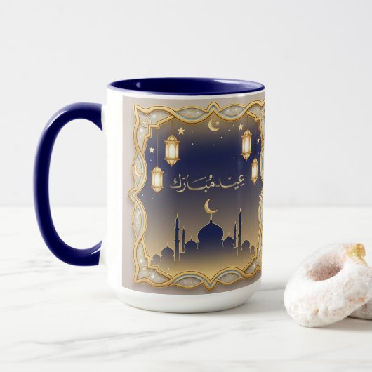 Eid Mubarak Mosque Skyline Blue & Gold Mug マグカップ (ドーナツ付き)