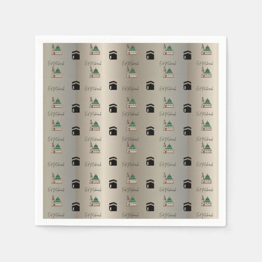 Eid Mubarak Napkins – Gold Kaaba & Masjid Nabawi スタンダードカクテルナプキン (正面)