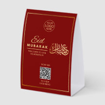 Eid Mubarak QRコード テーブルスタンド 赤・金 イラスト入り