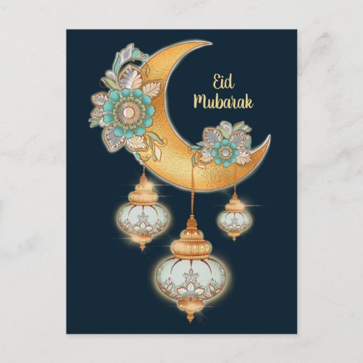 Eid Mubarak with Henna Flowers and Arabic Lamps シーズンポストカード (正面)