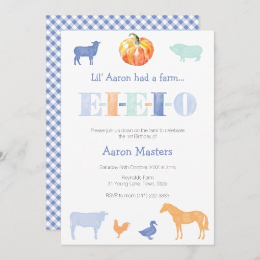 EIEIOオールドマクドナルド・パンプキンボーイズバースデーパーティー 招待状 (正面/裏面)