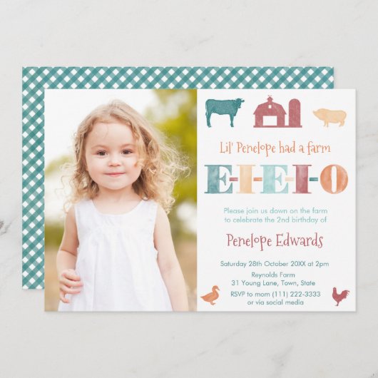 EIEIO秋オールドMacDonald Girl Birthday Party Photo 招待状 (正面/裏面)