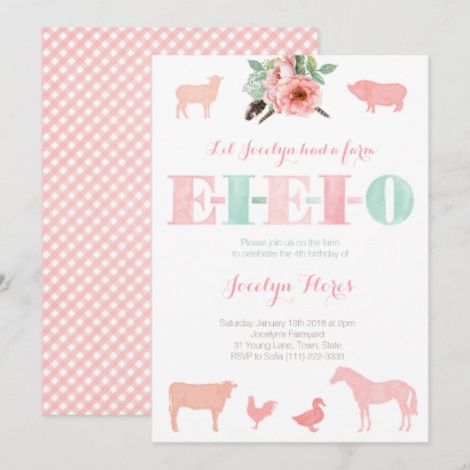 EIEIO の招待状、オールド・マクドナルドの誕生日パーティー 招待状 (正面/裏面)