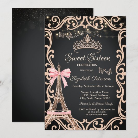 Eiffel Tower Bow Frame Dress Butterfly Sweet 16 招待状 (正面/裏面)