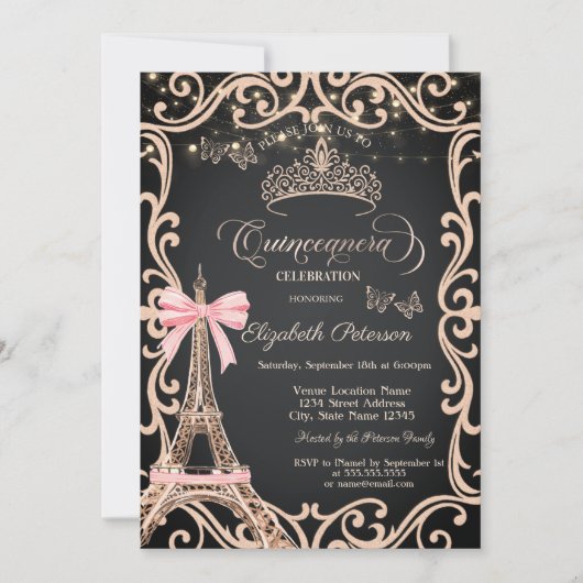 Eiffel Tower Bow Frame Dress Glitter Butterfly  招待状 (正面)