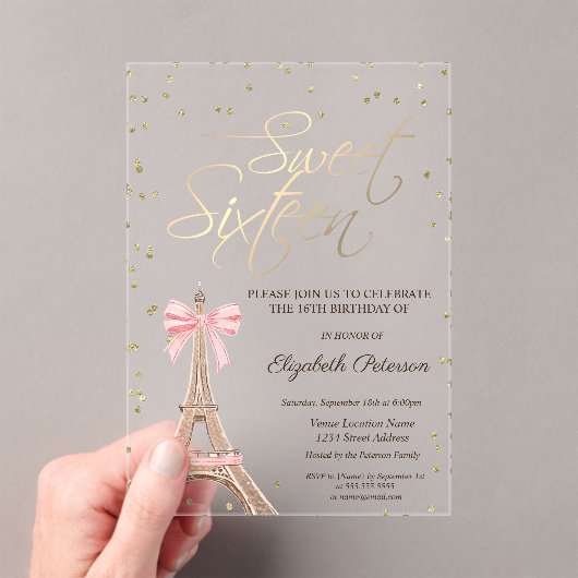 Eiffel Tower Bow Gold Diamonds Black Sweet 16  アクリル招待状 (インサイチュ (ポータブル))