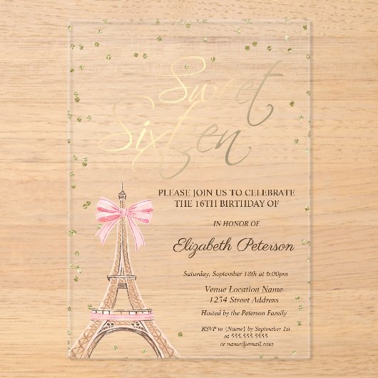 Eiffel Tower Bow Gold Diamonds Black Sweet 16  アクリル招待状 (正面)