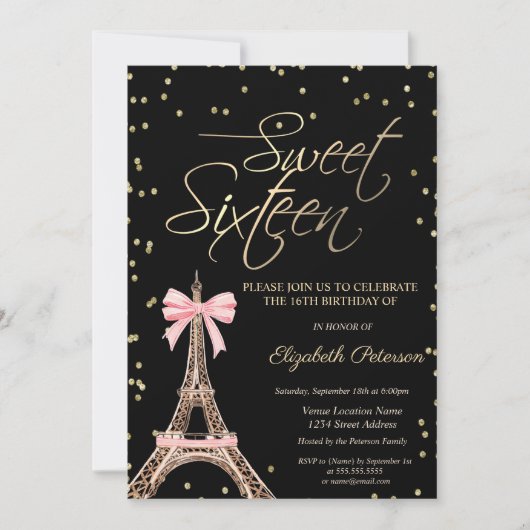 Eiffel Tower Bow Gold Diamonds Black Sweet 16  招待状 (正面)