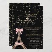 Eiffel Tower Bow Gold Diamonds Black Sweet 16  招待状 (正面/裏面)