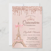 Eiffel Tower,Bow Rose Gold Drips Quinceañera 招待状 (正面)