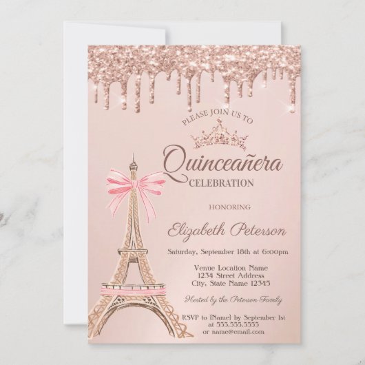 Eiffel Tower,Bow Rose Gold Drips Quinceañera  招待状 (正面)